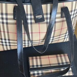 Burberry Tan and Black Plaid Tote and wallet